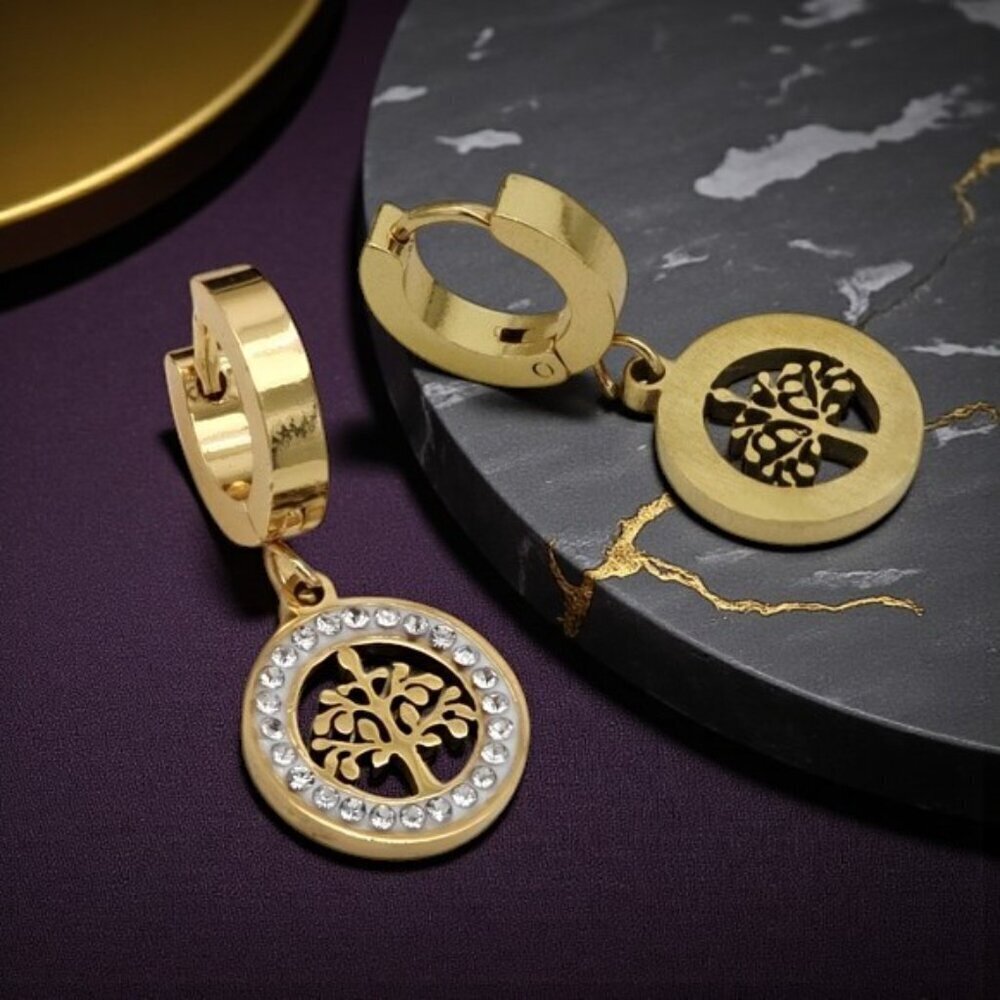 Tree Of Life 18K Gold Plated Stainless Steel Huggie Dainty Earrings Zirconia - Picture 7 of 12